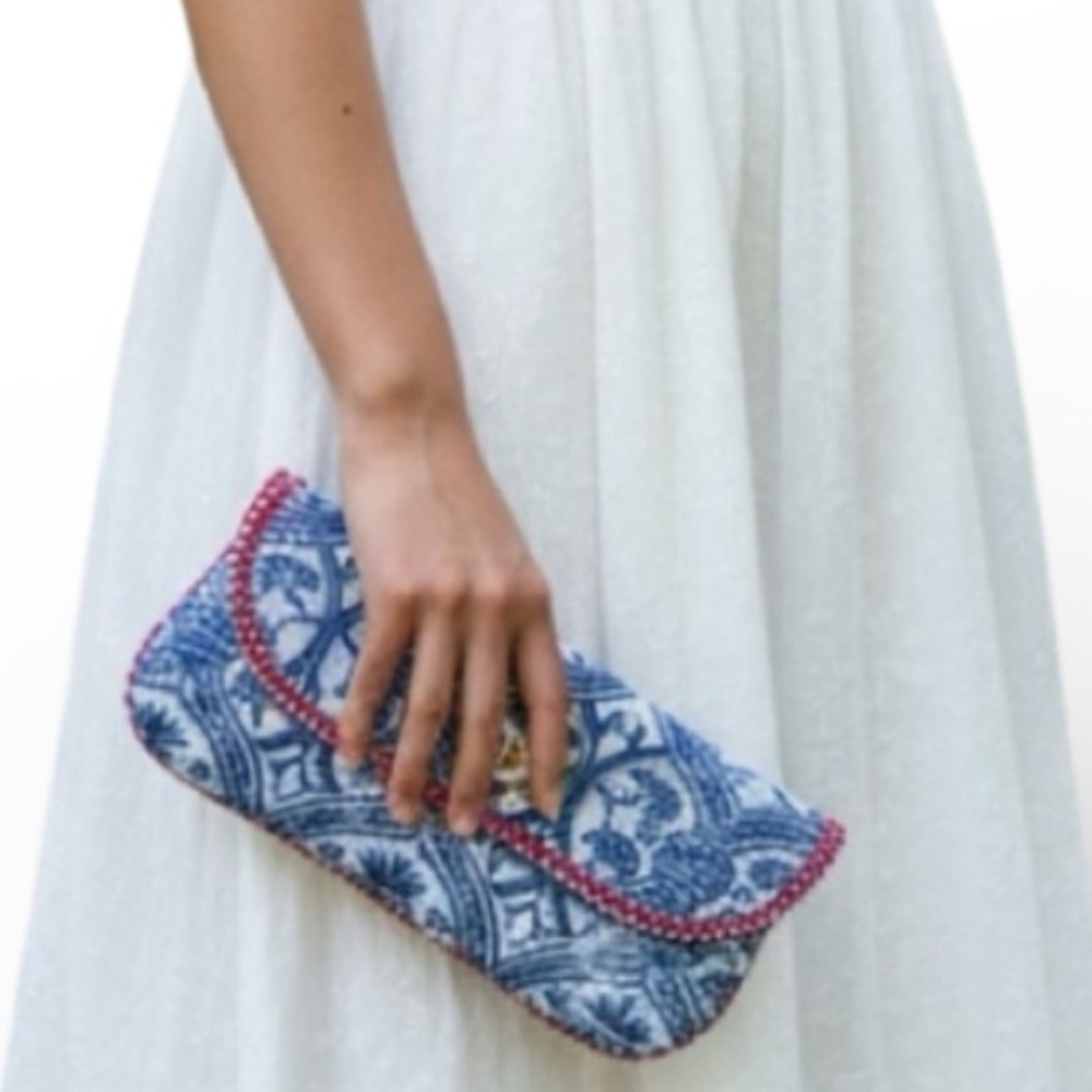 Blue and White with Red Trim Boho Print Coated Cotton Clutch or Makeup Case
